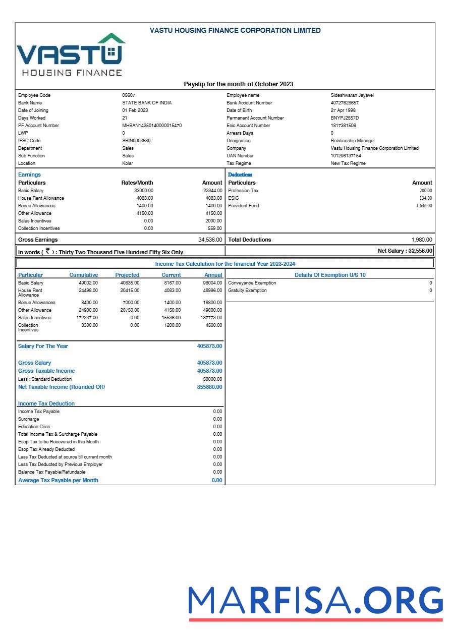 Printable Vastu Housing Finance Corporation payslip example